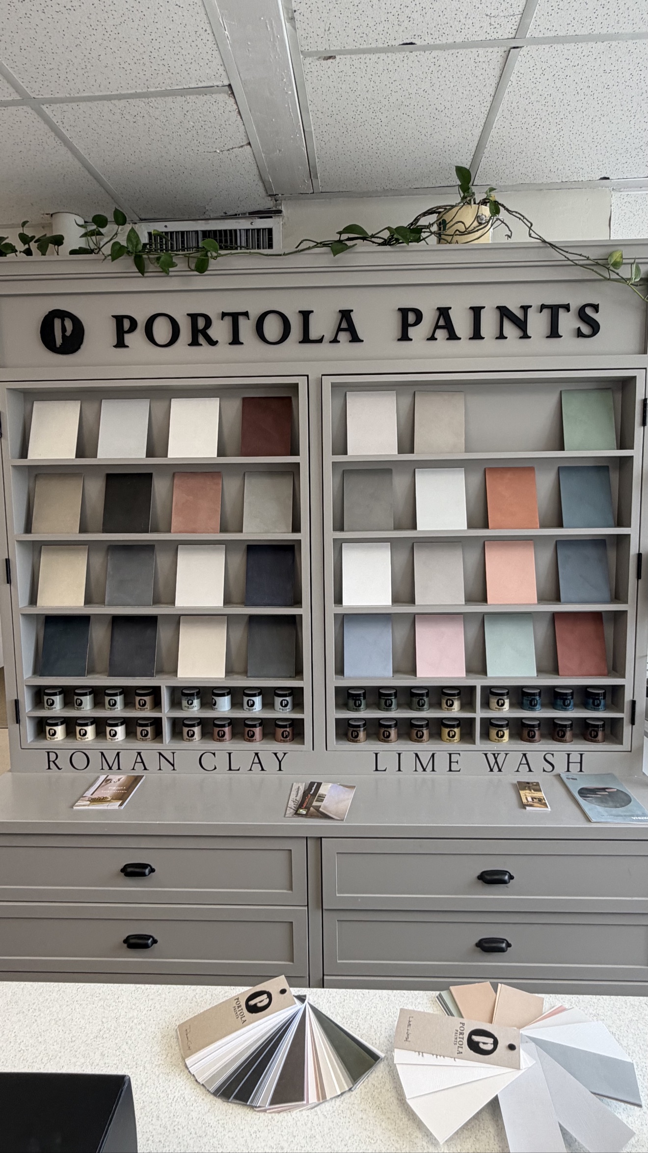 Portola Paints lime wash and Roman clay sample display — decorative finishes by Exceptional Painting Inc