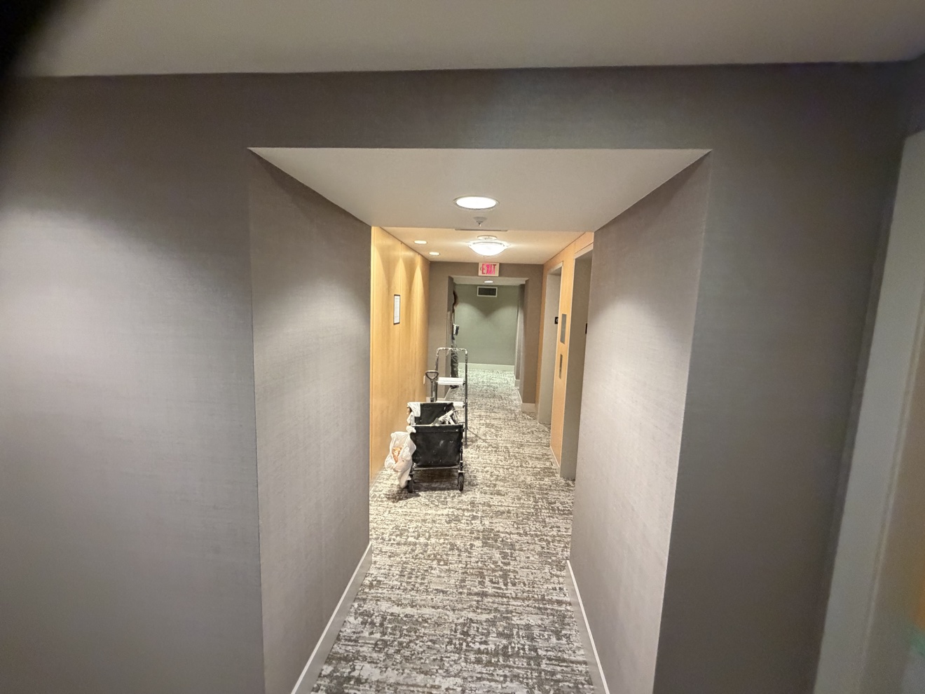 Finished hallway with new wallpaper and carpet — Bayshore Towers, Vancouver